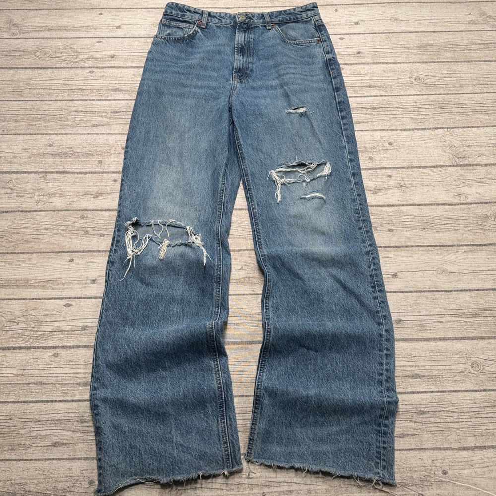 Zara Jeans Women's 10 Blue Denim Baggy Wide Leg High Rise Medium Wash Distressed